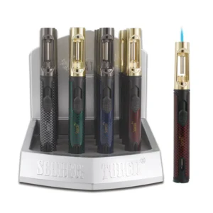 Elite Pencil Torch See-thru Butane 6.75" Asst Metal-colors & Geometric Designs