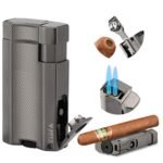 Deluxe 2 Torch Push to Lite Cigar Punch 3.25” Asst Metal & Designs