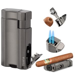 Deluxe 2 Torch Push to Lite Cigar Punch 3.25” Asst Metal & Designs